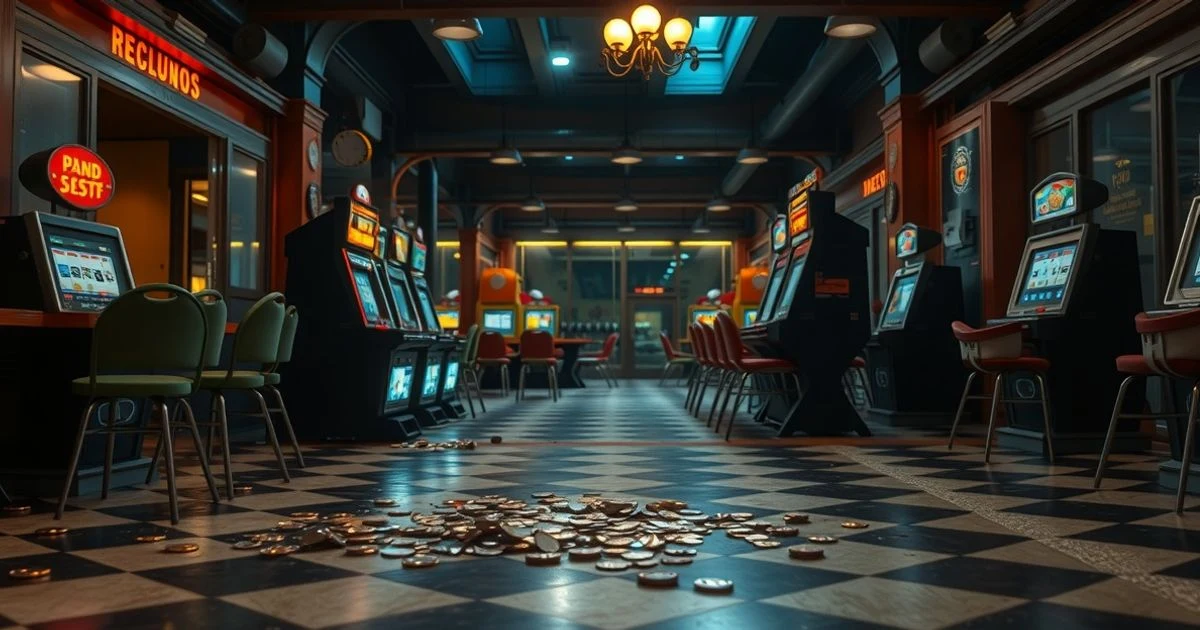Máquinas tragaperras y monedas esparcidas en el suelo de un salón de juegos vacío, con una caja registradora rota