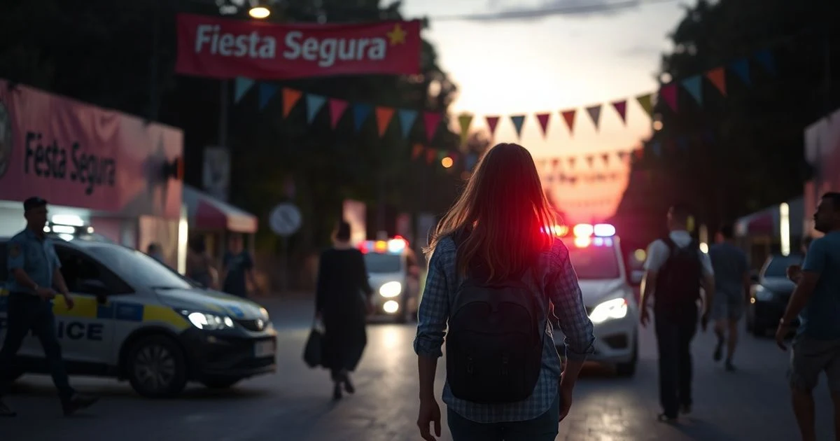 Jóvenes de espaldas caminando al atardecer desde un festival con un coche de policía al fondo y cartel de fiesta segura