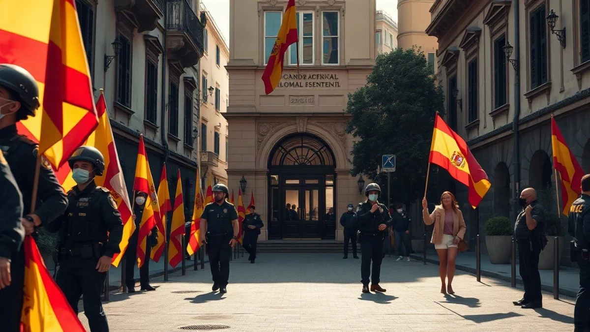 Imagen ilustrativa: una multitud con banderas de España frente a un edificio institucional en una calle de Palma.