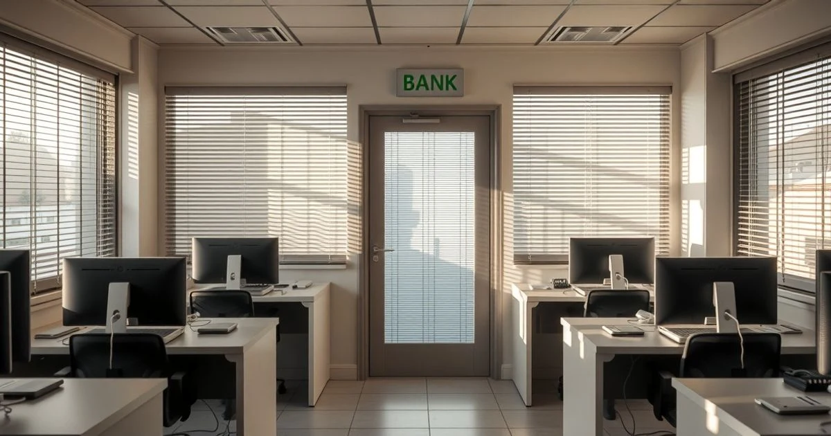 Interior vacío de una sucursal bancaria en sa Pobla con luz natural y escritorios
