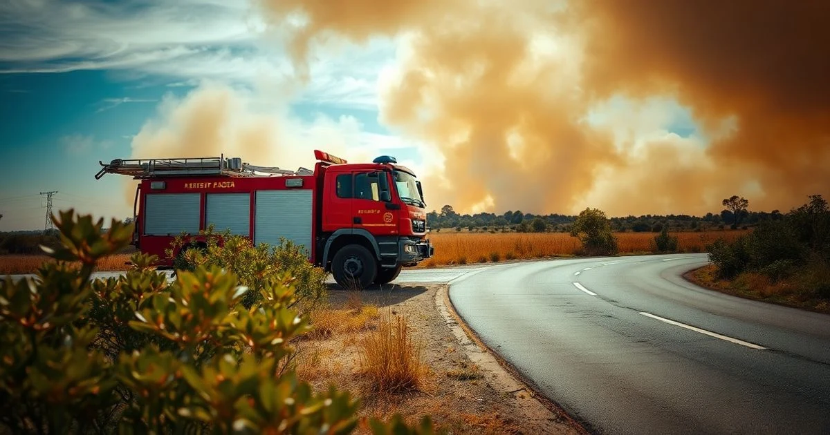 Camión de bomberos en una carretera rural cerca de humo de un incendio de rastrojos