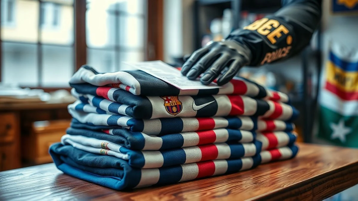 Imagen ilustrativa: una pila de camisetas deportivas plegadas sobre un mostrador de madera, con una mano enguantada colocando una etiqueta, en un ambiente de tienda.
