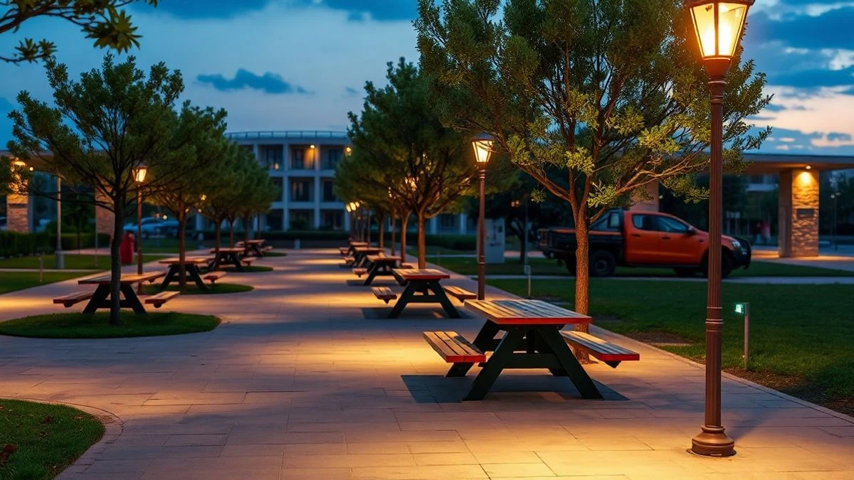 Imagen ilustrativa: un parque público moderno al atardecer, con zona de juegos infantiles, bancos y farolas encendidas