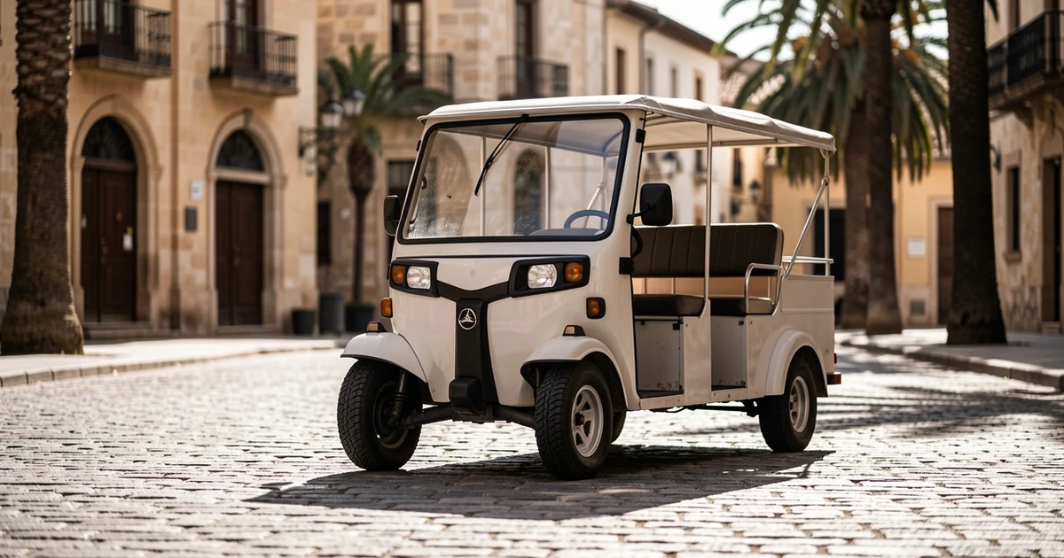 Tuk tuk turístico estacionado en una calle adoquinada de Palma de Mallorca, al atardecer, sin personas visibles.