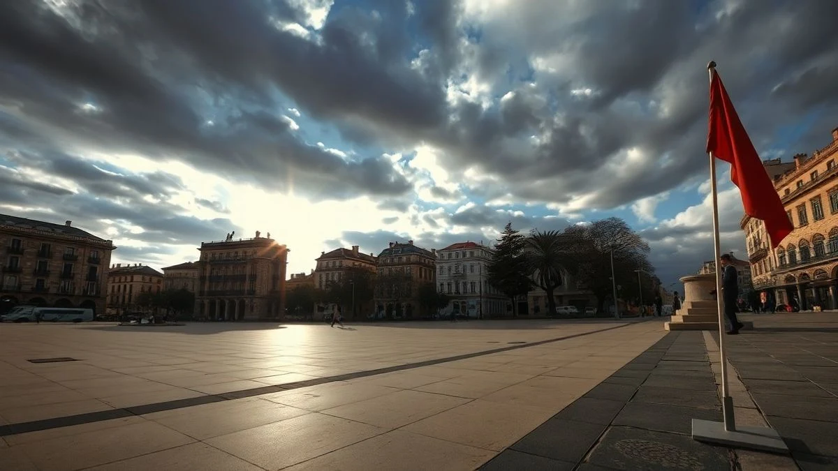 Imagen ilustrativa: una plaza pública con un grupo de personas en la distancia y banderas, iluminada por la luz del atardecer.