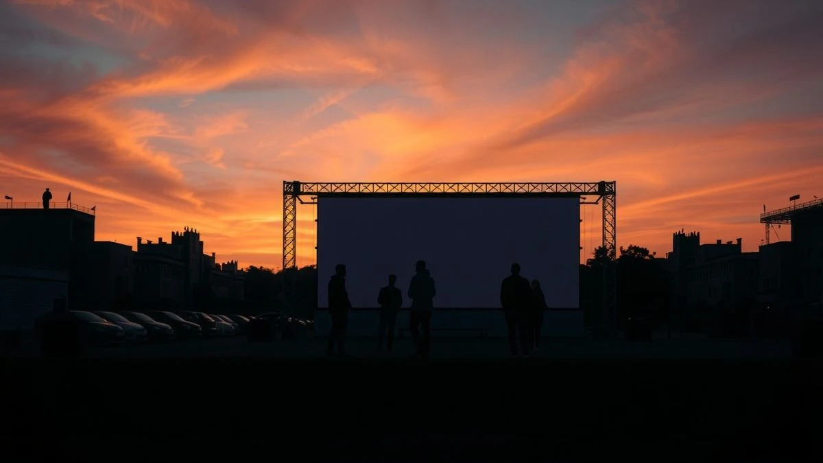 Pantalla gigante en Son Fusteret al atardecer con sombras largas y siluetas de personas