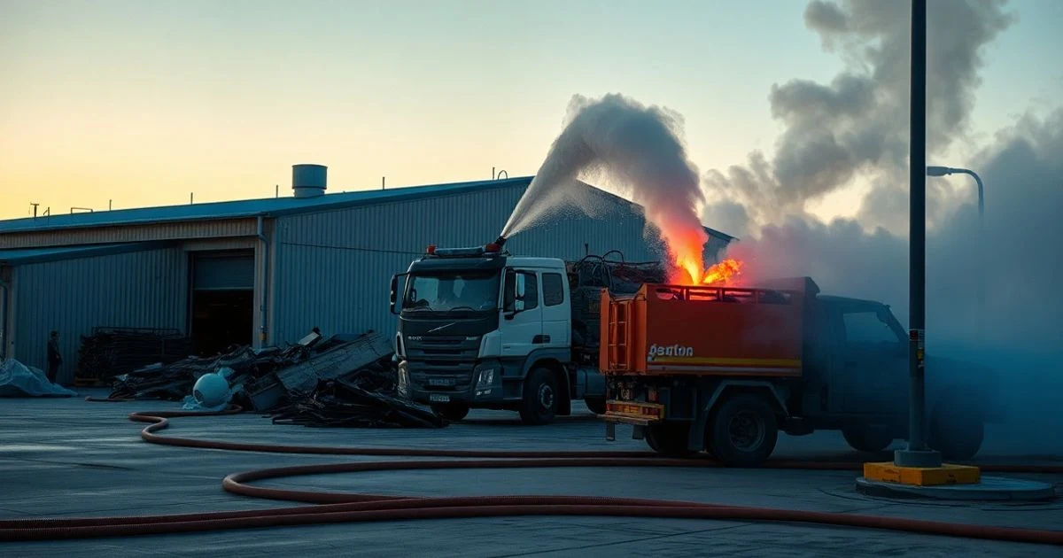 Camión de bomberos en una zona de Mercapalma con humo al atardecer