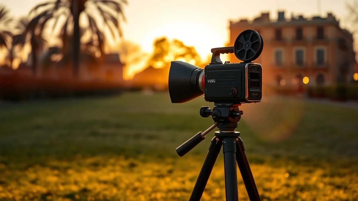 Imagen ilustrativa: un proyector de cine clásico proyectando un haz de luz en un parque al atardecer, con sombras largas y siluetas de árboles.