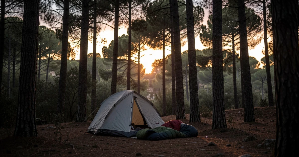 Vista del bosque de Bellver en Palma al atardecer, con una tienda de campaña improvisada entre los árboles