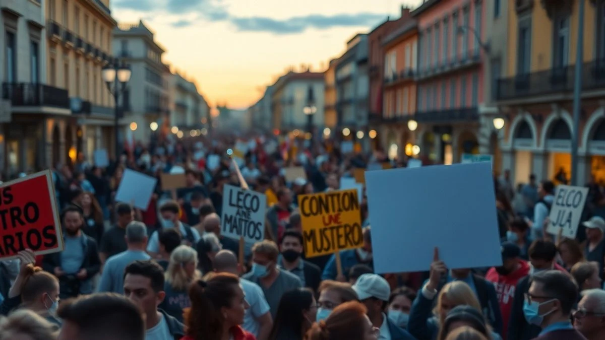 Imagen ilustrativa: una multitud de personas con pancartas en una calle de Palma al atardecer, vista desde un plano lateral con profundidad de campo corta.