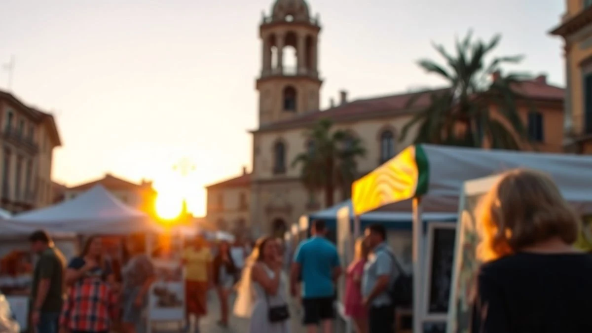 Imagen ilustrativa: exposición de arte al aire libre al atardecer en una plaza española, con cuadros y esculturas y siluetas de fondo.