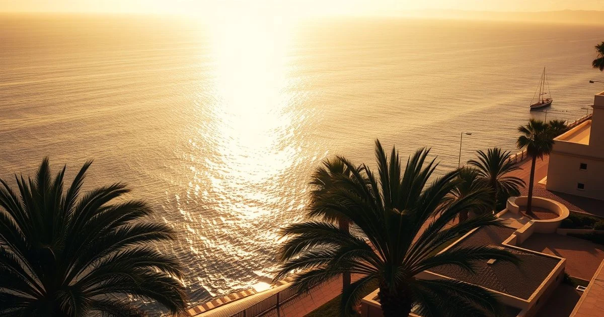 Vista aérea del Palacio de Marivent en Palma de Mallorca con mar y palmeras al atardecer