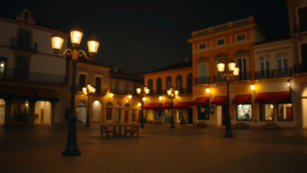 Imagen ilustrativa: una plaza de pueblo iluminada por farolas al anochecer, con algunas personas de espaldas y desenfocadas