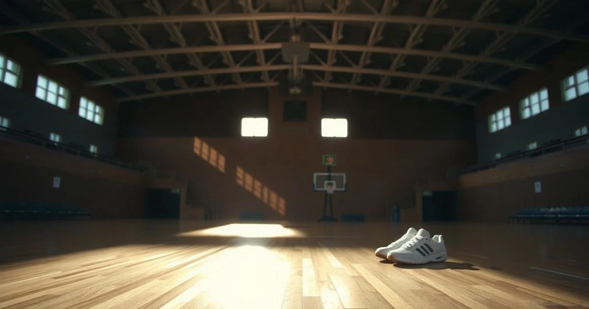 Balón de baloncesto y zapatillas sobre la pista de un estadio vacío con luz dramática