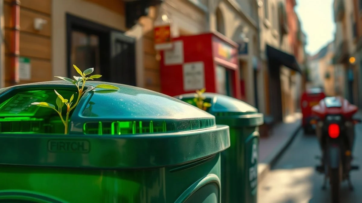 Imagen ilustrativa: primer plano de un contenedor de reciclaje de vidrio verde con una planta, en una calle soleada.