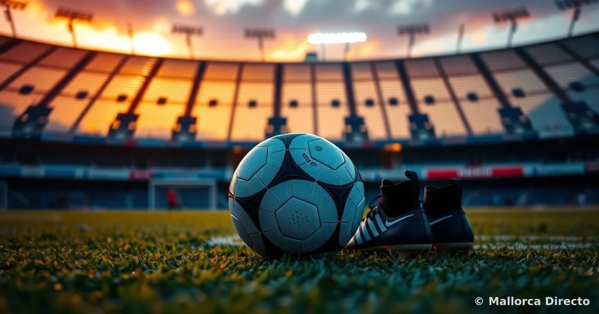 Balón de fútbol y botas sobre el césped de un estadio vacío al atardecer