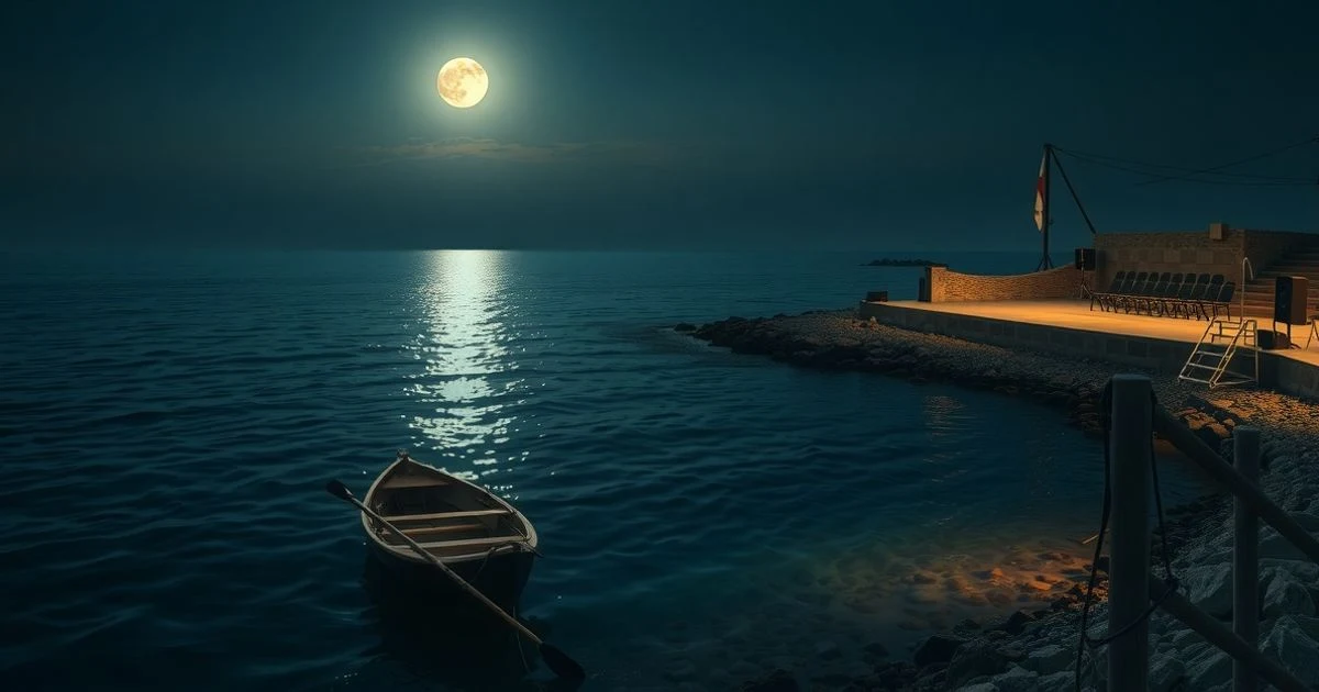 Cala Figuera de noche con luna llena, un llaüt en el agua y un escenario vacío en la orilla