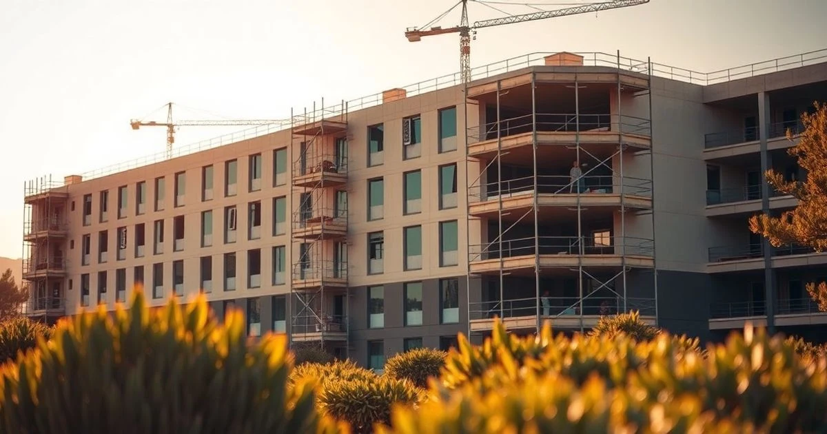Construcción del nuevo campus universitario del CEU en el Secar de la Real, Palma de Mallorca, al atardecer