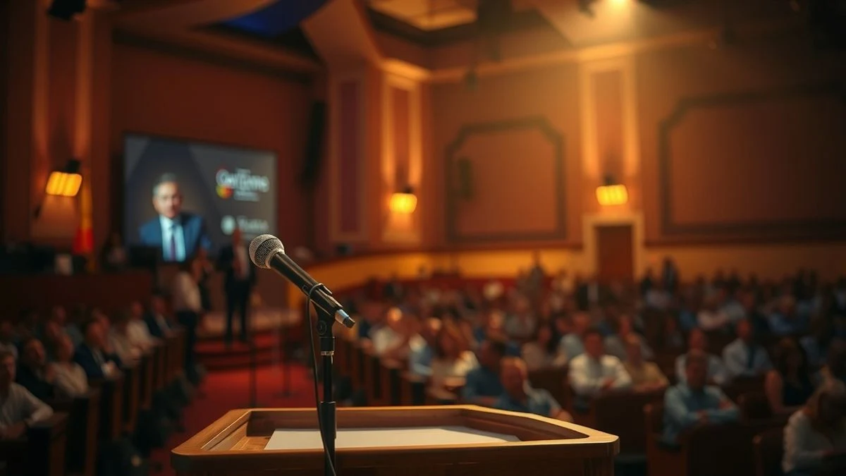 Podium con micrófono en un salón de actos iluminado con luz cálida, fondo desenfocado de un evento con asistentes