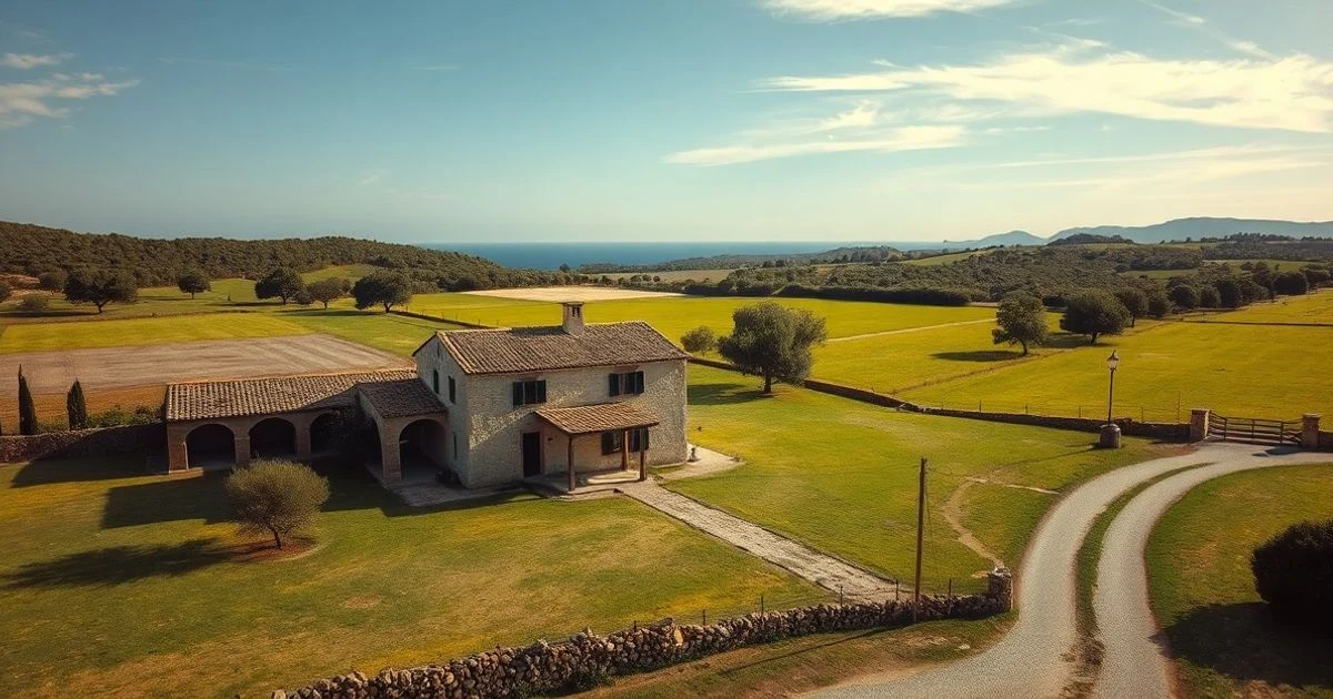 Vista aérea de una finca rural de piedra en Mallorca con campos verdes y almendros