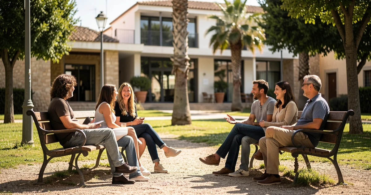 Grupo de personas mayores en un parque de Calvià con un centro de día al fondo