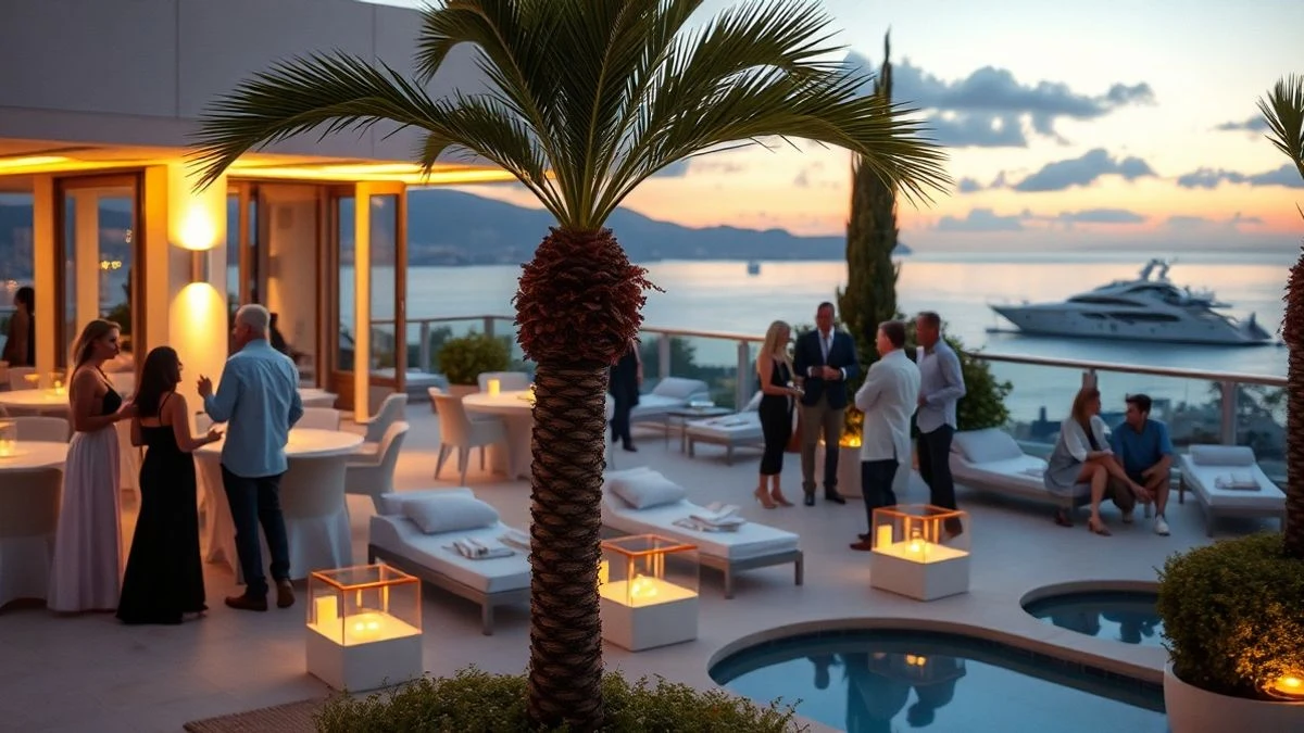 Imagen ilustrativa: terraza de un hotel de lujo con vistas al mar al atardecer, con piscina y palmeras, y yates en la lejanía.