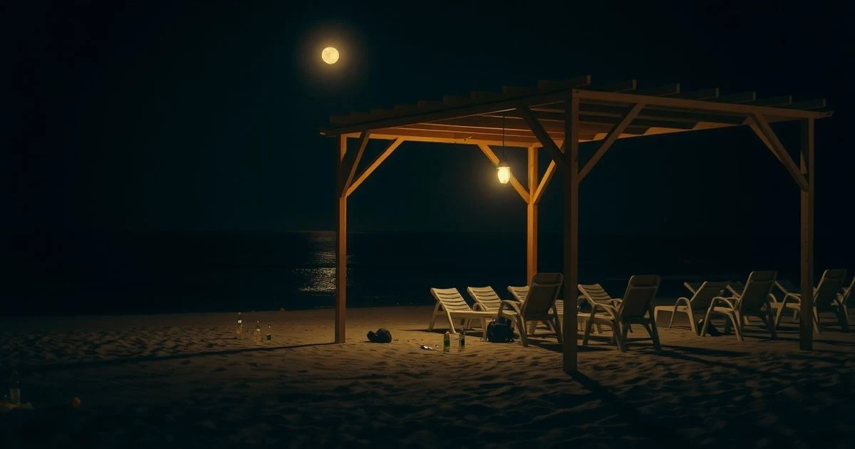Playa de Can Pere Antoni de noche con una pérgola de madera iluminada y basura en la arena