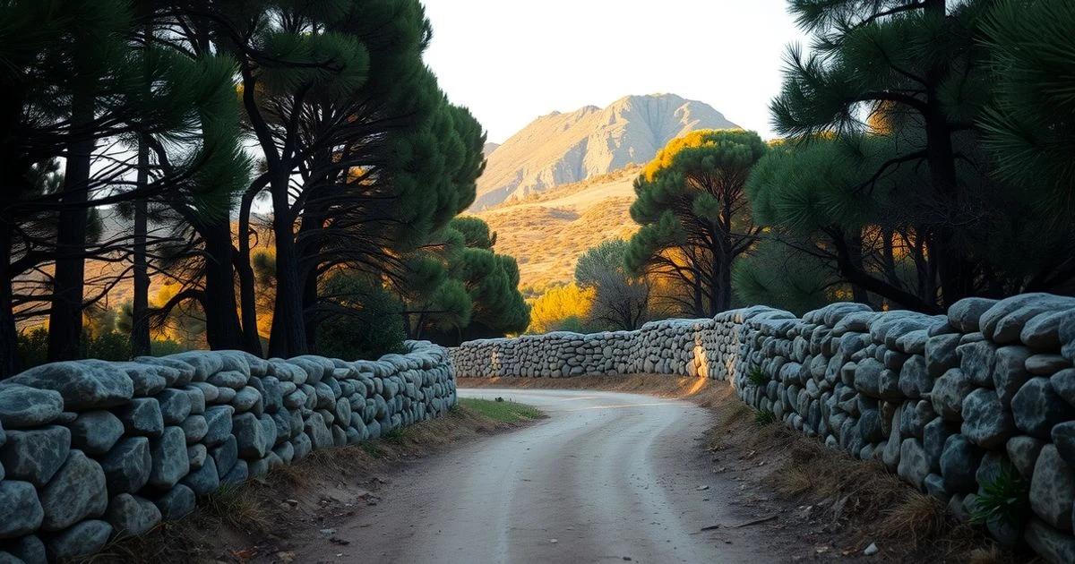 Camino de tierra en un pinar de Mallorca con vistas a montañas y olivos