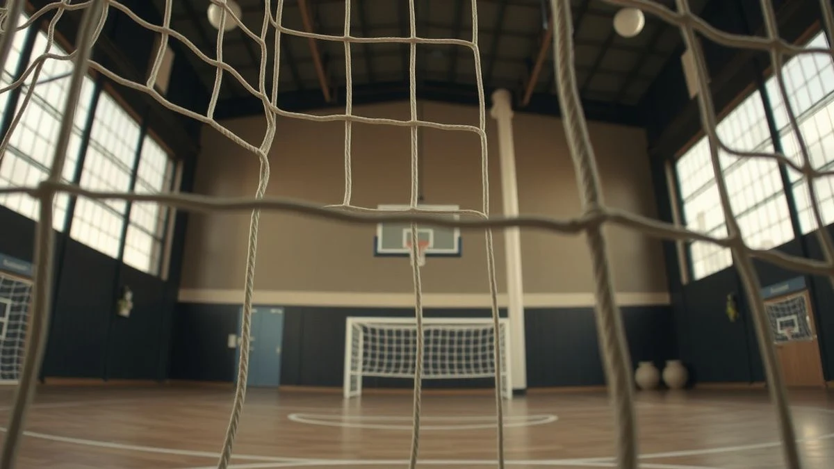 Portería de fútbol sala vacía con red, vista desde un ángulo bajo, luz natural dramática.