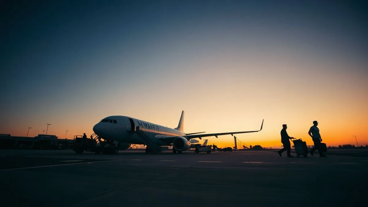 Imagen ilustrativa: un avión comercial en la pista de un aeropuerto al atardecer, con carritos de equipaje y maletas en primer plano