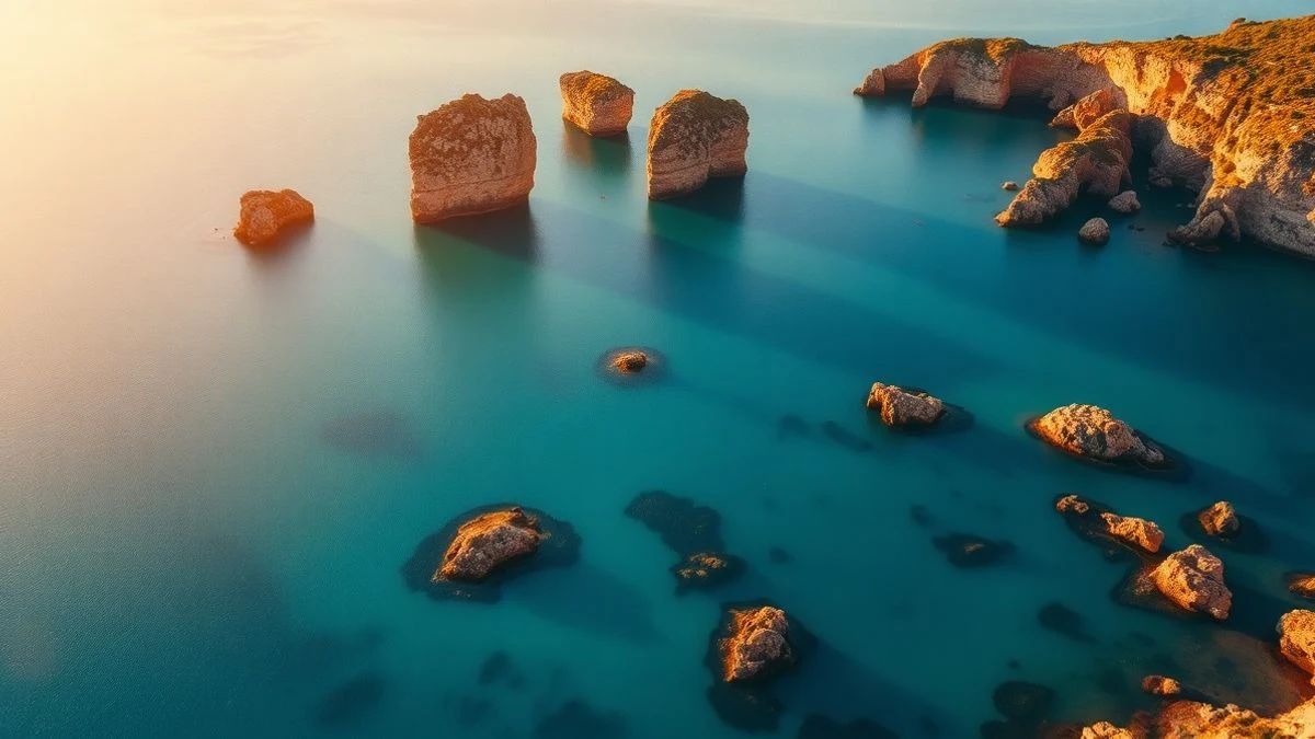 Imagen ilustrativa: vista aérea de la costa mediterránea con aguas turquesas y formaciones rocosas al atardecer.