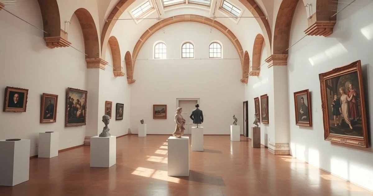 Exposición de pintura y escultura en una sala de La Misericordia de Palma con luz natural