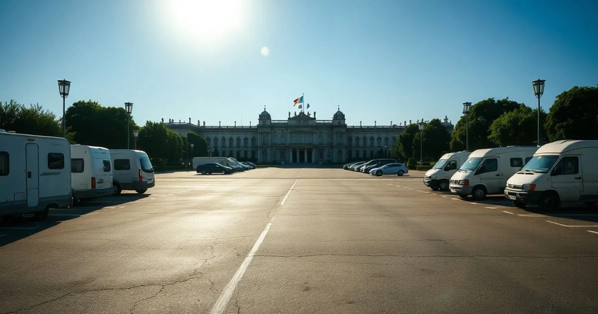 Aparcamiento de Marivent con caravanas estacionadas y palacio al fondo