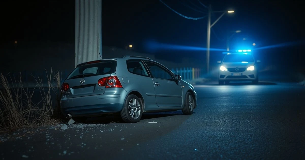 Coche Golf GTI accidentado contra un poste eléctrico en una carretera rural de Mallorca de noche, con luces policiales al fondo.