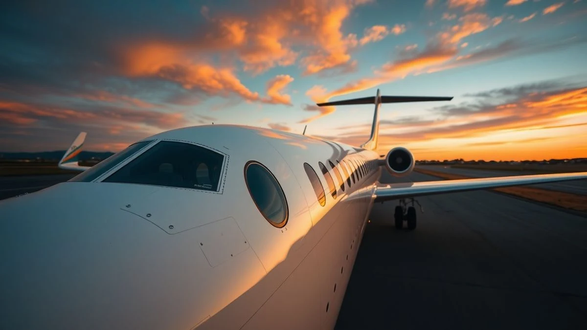 Cola de un avión regional en una pista de aeropuerto al atardecer, con luz dorada y fondo desenfocado.