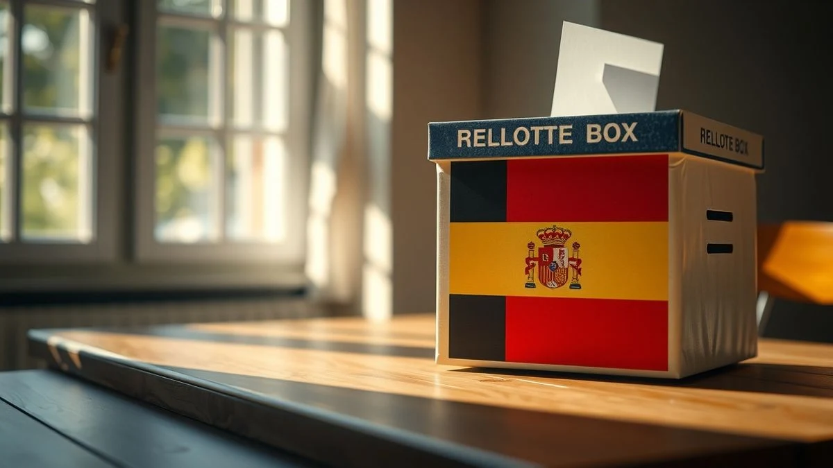 Urna electoral con motivos de la bandera de la Unión Europea sobre una mesa de madera