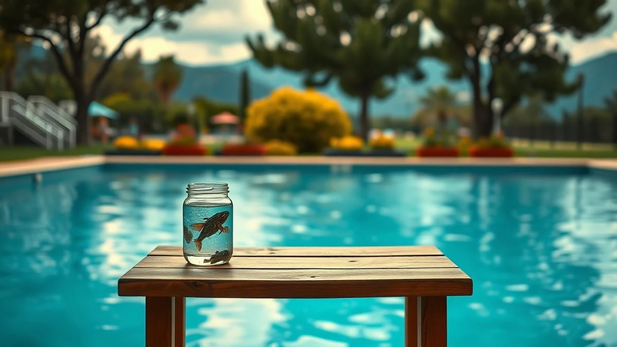 Imagen ilustrativa: una mesa de madera junto a una piscina al aire libre con un bote de cristal y renacuajos, rodeada de libros infantiles y luz natural