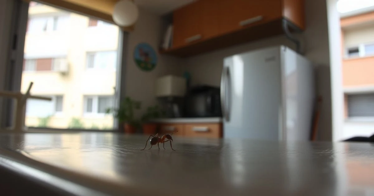Primer plano de una hormiga marrón sobre una encimera de cocina, al fondo un edificio de viviendas desenfocado