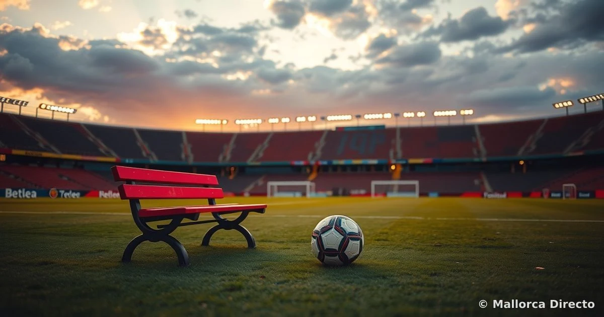 Balón de fútbol sobre el césped de un estadio vacío al atardecer con un banquillo rojo y negro al fondo