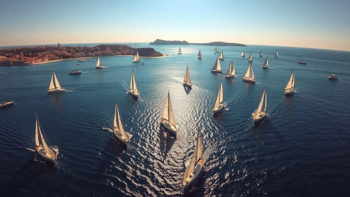 Imagen ilustrativa: vista cenital de una regata de vela en una bahía mediterránea con varios veleros surcando el agua azul.