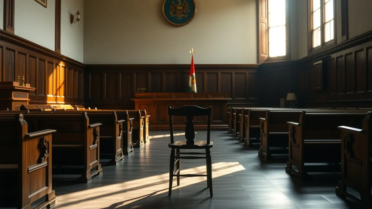 Imagen ilustrativa: vista de una sala de tribunal vacía con un banco de madera en primer plano y luz natural que entra por una ventana.