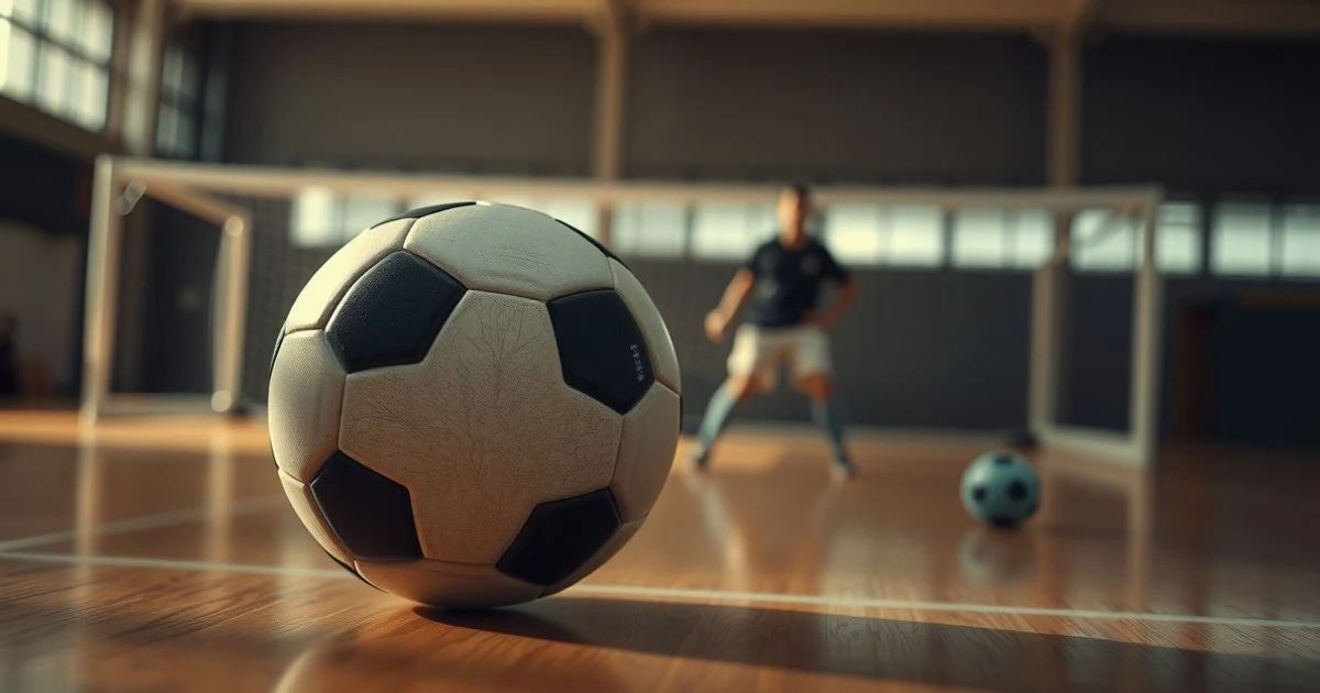 Balón de fútbol sala sobre una pista de madera con una portería al fondo