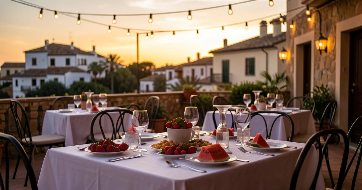 Terraza al aire libre en Palma con mesas preparadas para cena, luces y platos locales al atardecer