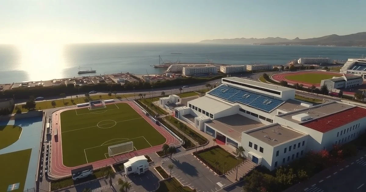 Vista aérea del recinto deportivo Infante Lois en el Port de Sóller, con campos y edificios modernos junto al mar.