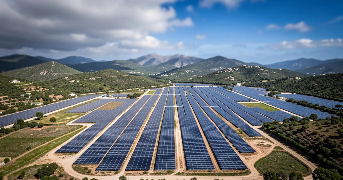Vista aérea de un campo de paneles solares en el campo de Mallorca con colinas verdes al fondo