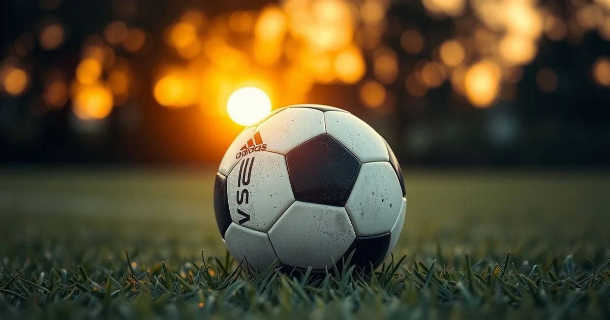 Balón de fútbol sobre césped al atardecer con estadio de fondo desenfocado