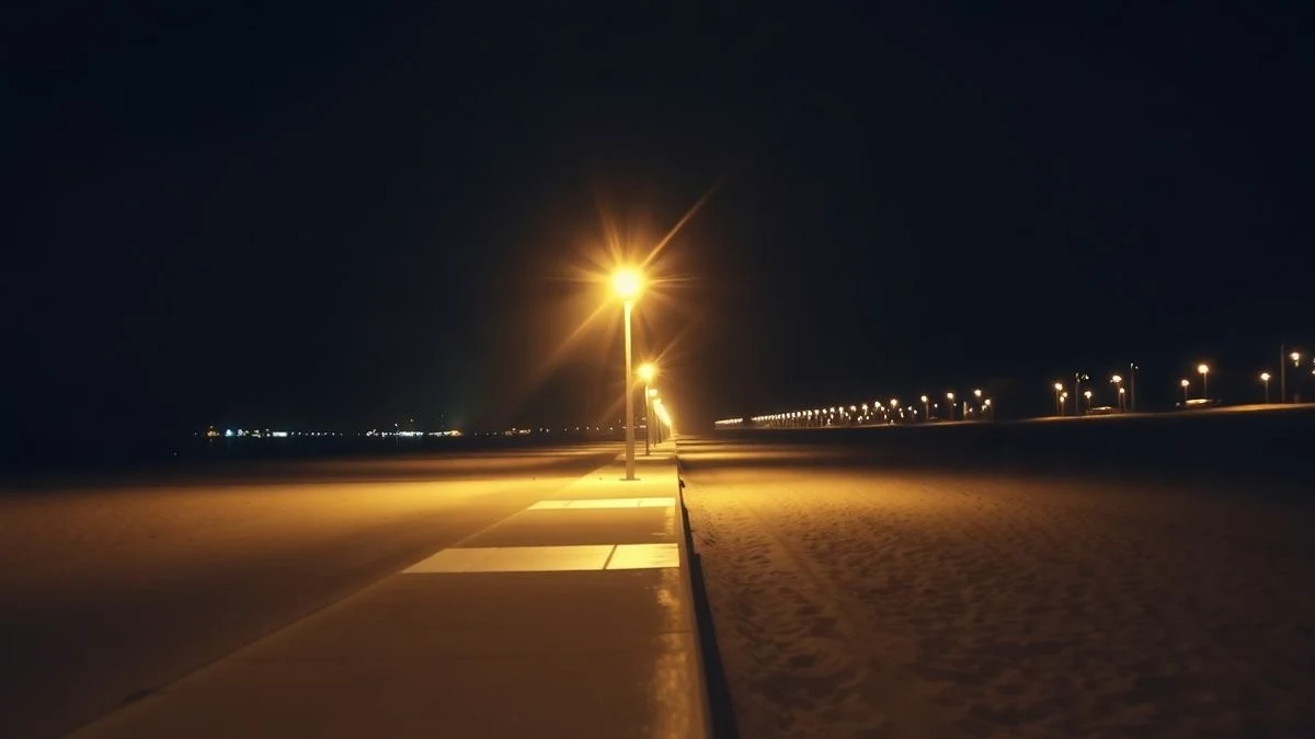 Paseo marítimo nocturno con farola y arena de la Playa de Palma