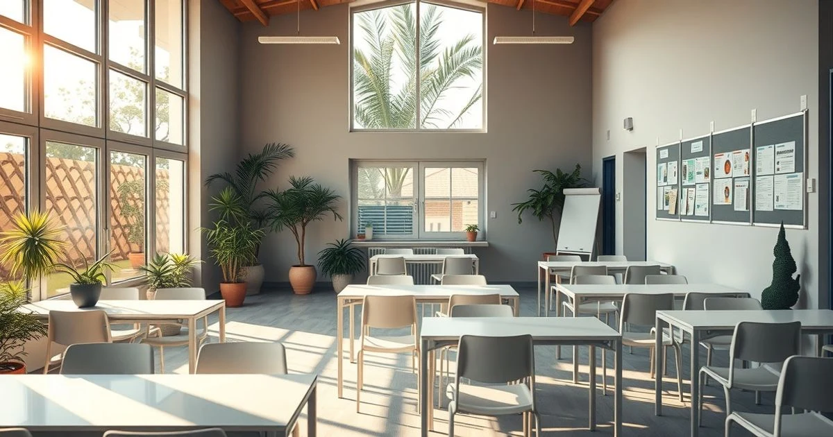 Interior de un centro de mayores en Calvià con mesas y sillas vacías, luz natural y plantas