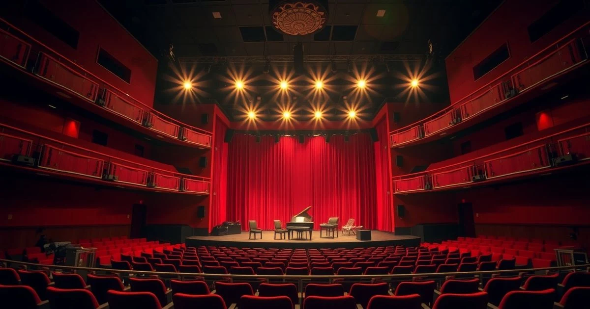 Interior vacío de un auditorio con butacas rojas y escenario iluminado