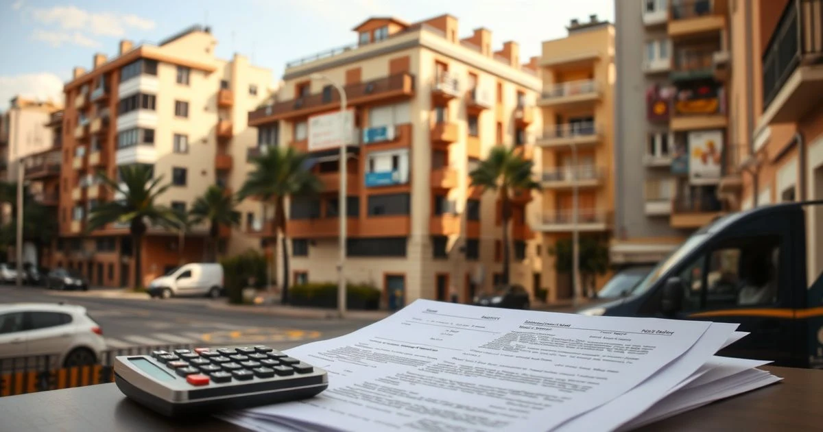 Vista de una calle residencial en Palma con edificios de apartamentos y documentos oficiales sobre una mesa con una calculadora.